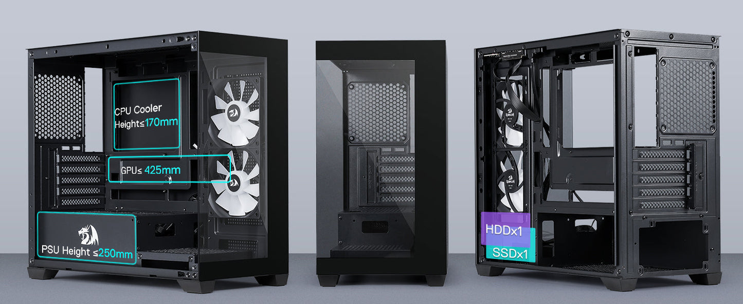 Redragon GC218M Gaming Back-Mounted PC Case, M-ATX Computer Chassis 2 x 120mm Fans Pre-Installed & High Airflow Perforated Panel