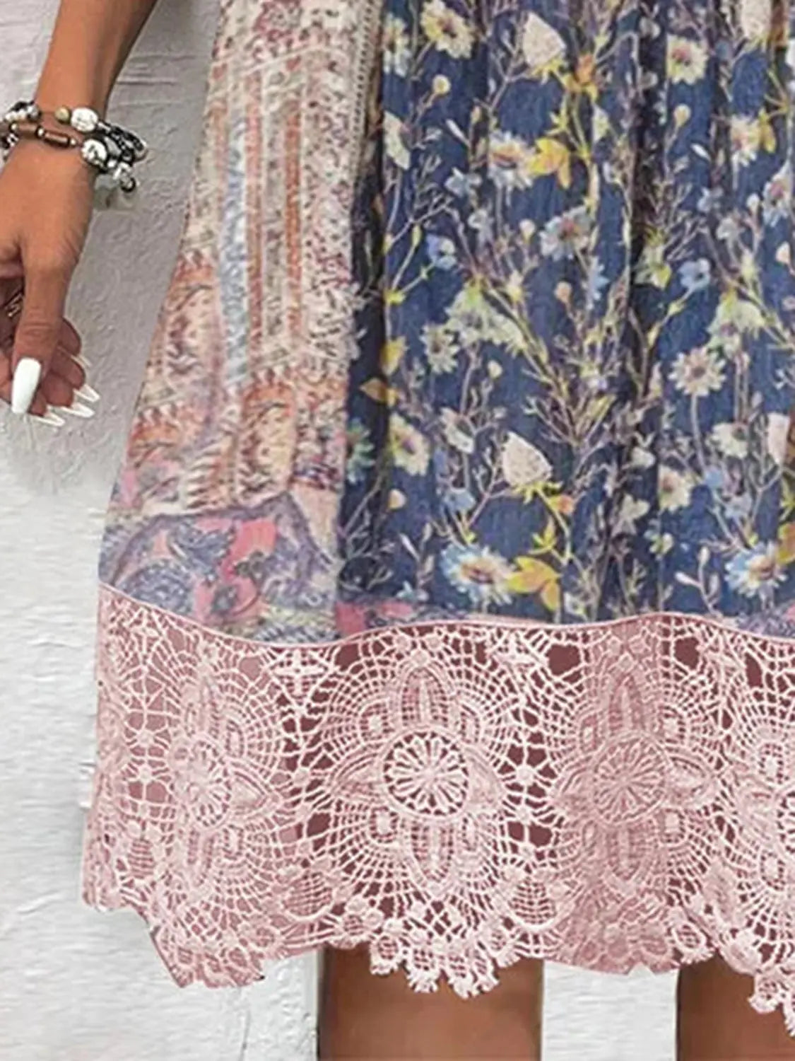 Full Size Lace Detail Printed Three-Quarter Sleeve Dress Dress Jasmine Flower Store