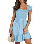 ANRABESS Womens Summer Casual Sleeveless Square Neck Smocked Ruffle Backless Boho Mini Dress 2025 Sundress Beach Vacation Outfits