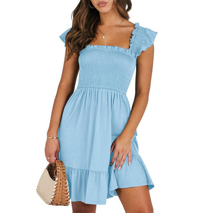 ANRABESS Womens Summer Casual Sleeveless Square Neck Smocked Ruffle Backless Boho Mini Dress 2025 Sundress Beach Vacation Outfits
