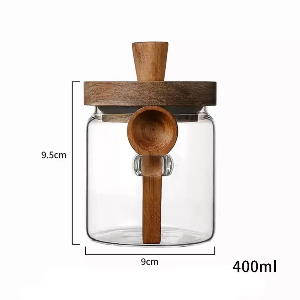 Glass Sealed Jar Five Grains Coffee and Tea Storage Can with Wooden Spoon Seasoning Bottle Kitchen Moisture-Proof Storage Tank