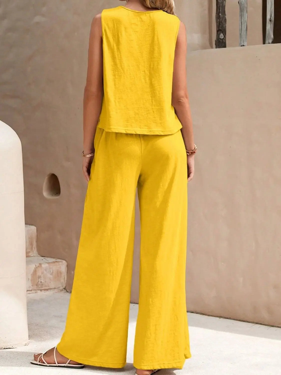 Round Neck Sleeveless Top and Wide Leg Pants Set Shop1102652536 Store