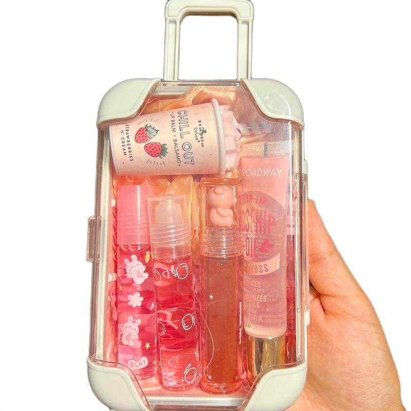 Mini Suitcase Lipgloss Bundle - Comes with 5 Random Lipglosses & a Scrunchie, Lip Care Kit with Lip Balm, Lip Gloss, and Lipstick - Cosmetic, Makeup Lip Oil - Gift, Glossy Everyday Pink