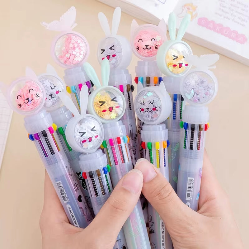 10Pcs/Lot Cute Stationery 10 Color Sequins Butterfly Rabbit Cat Ballpoint Pen School Office Multicolored Pens Colorful Refill
