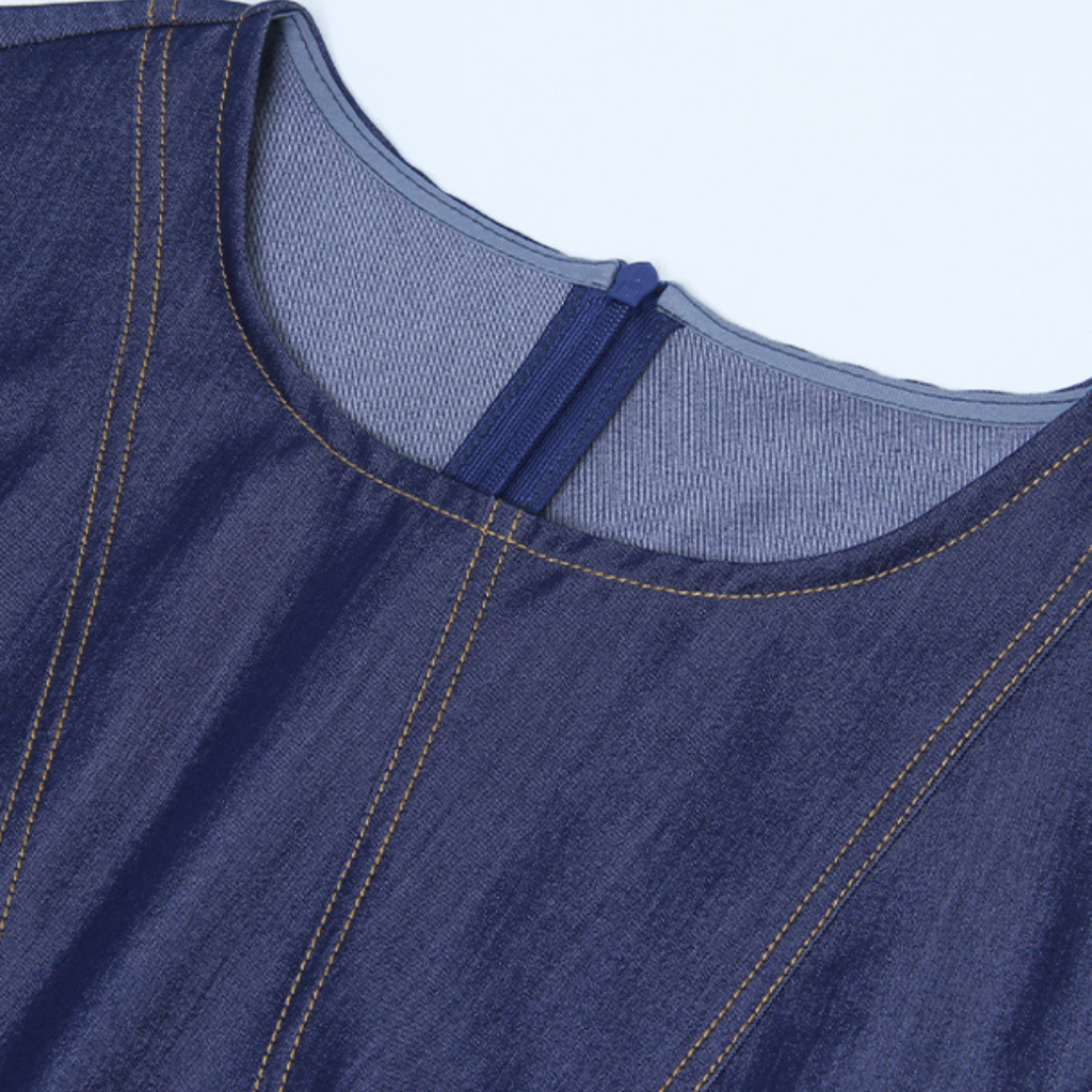 Round Neck A-Line Denim Midi Dress