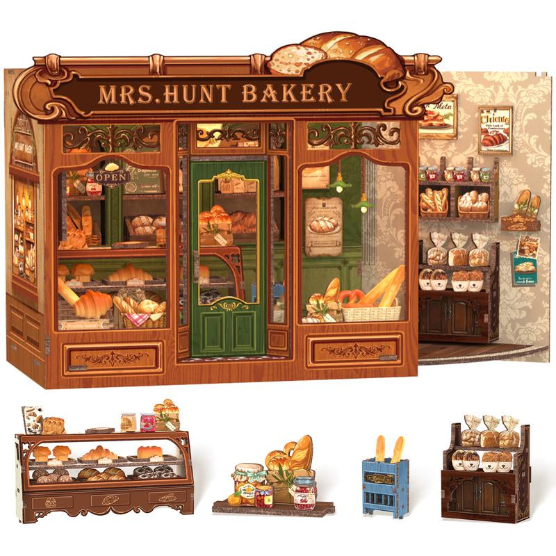 【MRS.HUNT BAKERY】CUTEBEE Dollhouse Miniature with Furniture, DIY Wooden Dollhouse Kit plus Dust Proof, Creative Room Idea