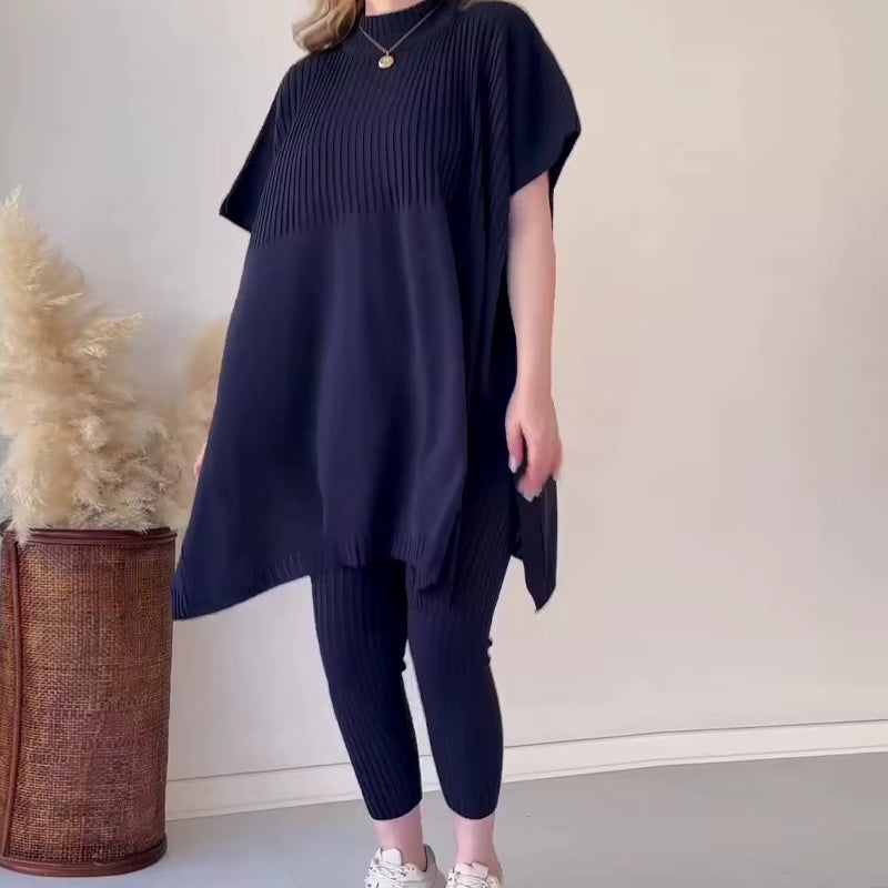 Women Two Piece Pant Sets Knitted Batwing Sweaters Short Sleeve Split Tops Loose Fit Casual Elastic Waist Pants Winter 2024