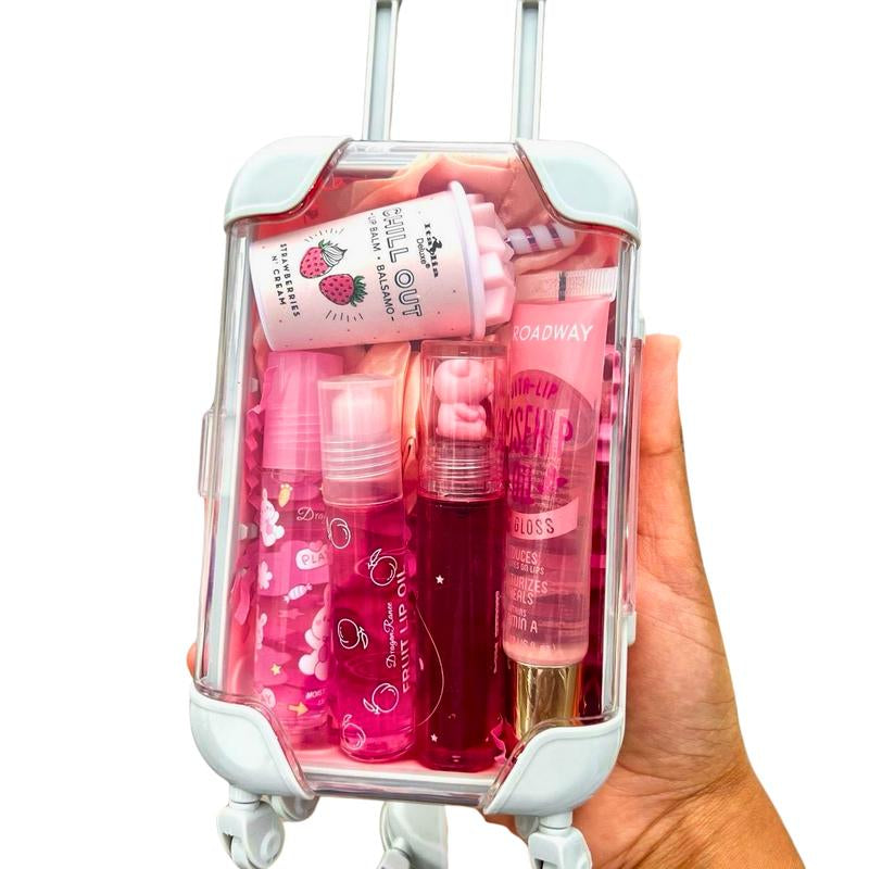 Mini Suitcase Lipgloss Bundle - Comes with 5 Random Lipglosses & a Scrunchie, Lip Care Kit with Lip Balm, Lip Gloss, and Lipstick - Cosmetic, Makeup Lip Oil - Gift, Glossy Everyday Pink