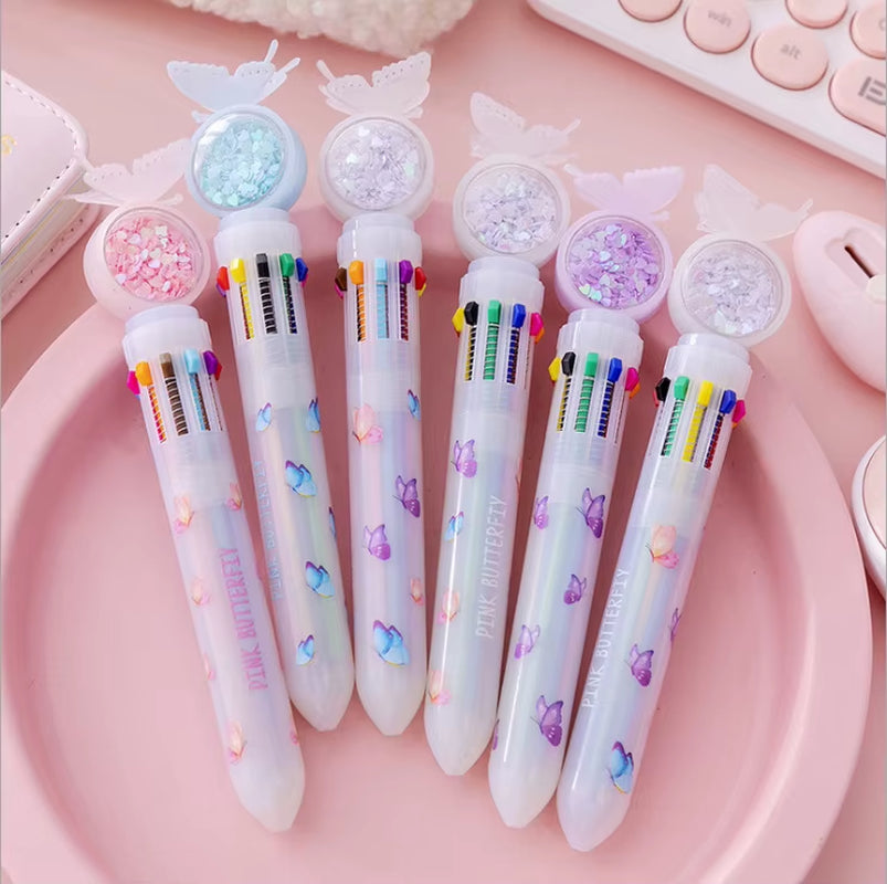 10Pcs/Lot Cute Stationery 10 Color Sequins Butterfly Rabbit Cat Ballpoint Pen School Office Multicolored Pens Colorful Refill