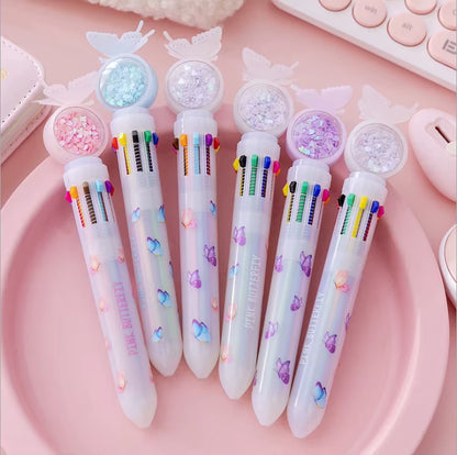 10Pcs/Lot Cute Stationery 10 Color Sequins Butterfly Rabbit Cat Ballpoint Pen School Office Multicolored Pens Colorful Refill