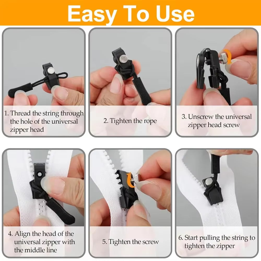 6 Pcs Universal Instant Zipper Repair Replacement Sliding Teeth Rescue Zipper Fixer Screw on for Bag 3 Different Size Sewing Kit
