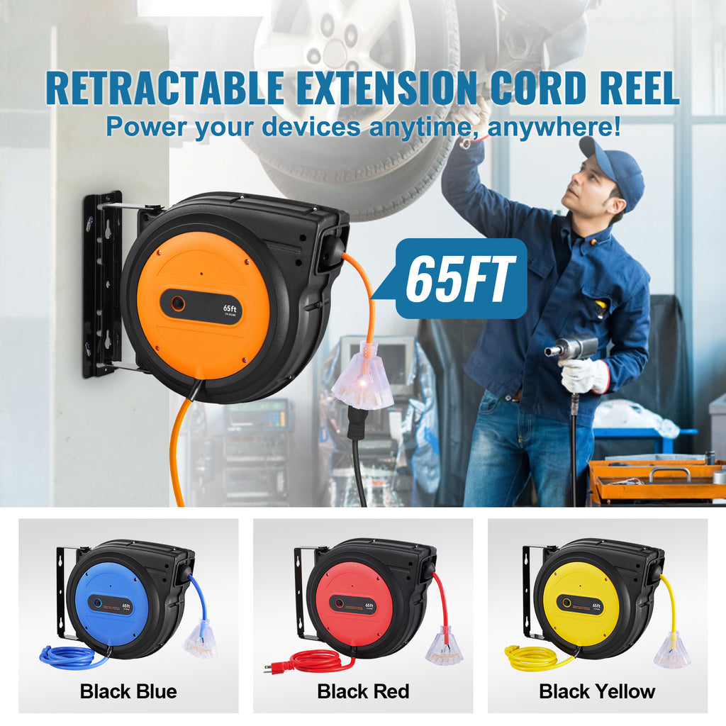 Enrollador de cable de extensión retráctil VEVOR Enrollador de cable de alimentación 65 pies 12 AWG 3C SJTOW