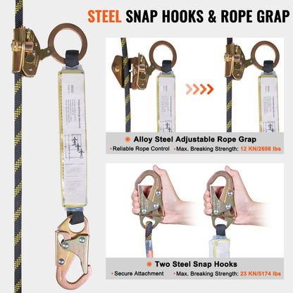 VEVOR Vertical Lifeline Assembly, 0.55 X 50 Fall Protection Rope With 30 KN Breaking Tension, Polyester Roofing Rope With Steel Snap Hooks, Rope Grab, And Shock Absorber, ANSI Compliant