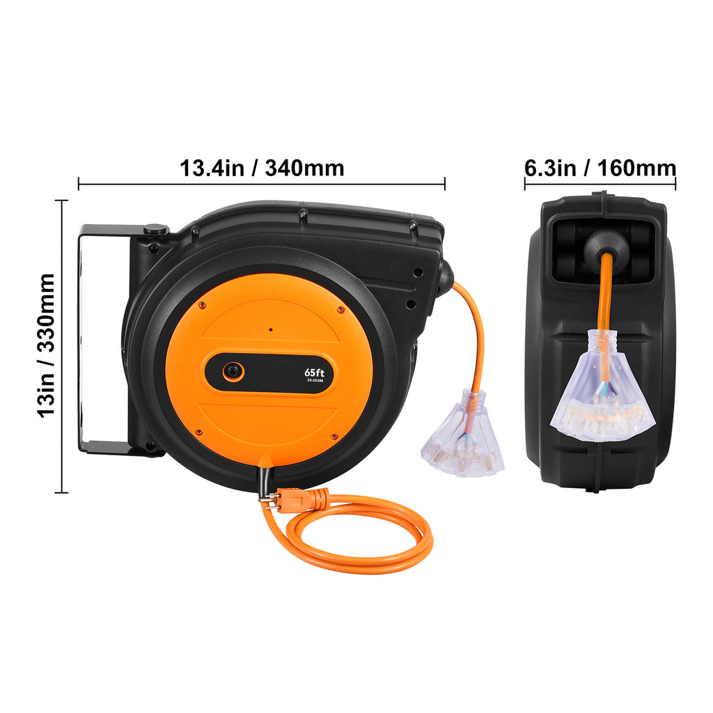 Enrollador de cable de extensión retráctil VEVOR Enrollador de cable de alimentación 65 pies 12 AWG 3C SJTOW
