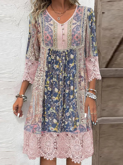 Full Size Lace Detail Printed Three-Quarter Sleeve Dress Dress Jasmine Flower Store
