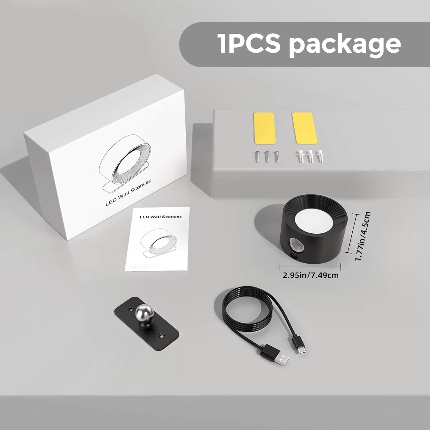 LED Wall Light Indoor Pack of 2, Wall Lamp Wall Lights 2000Mah Battery, 4 Brightness Levels,, Bedside Lamp