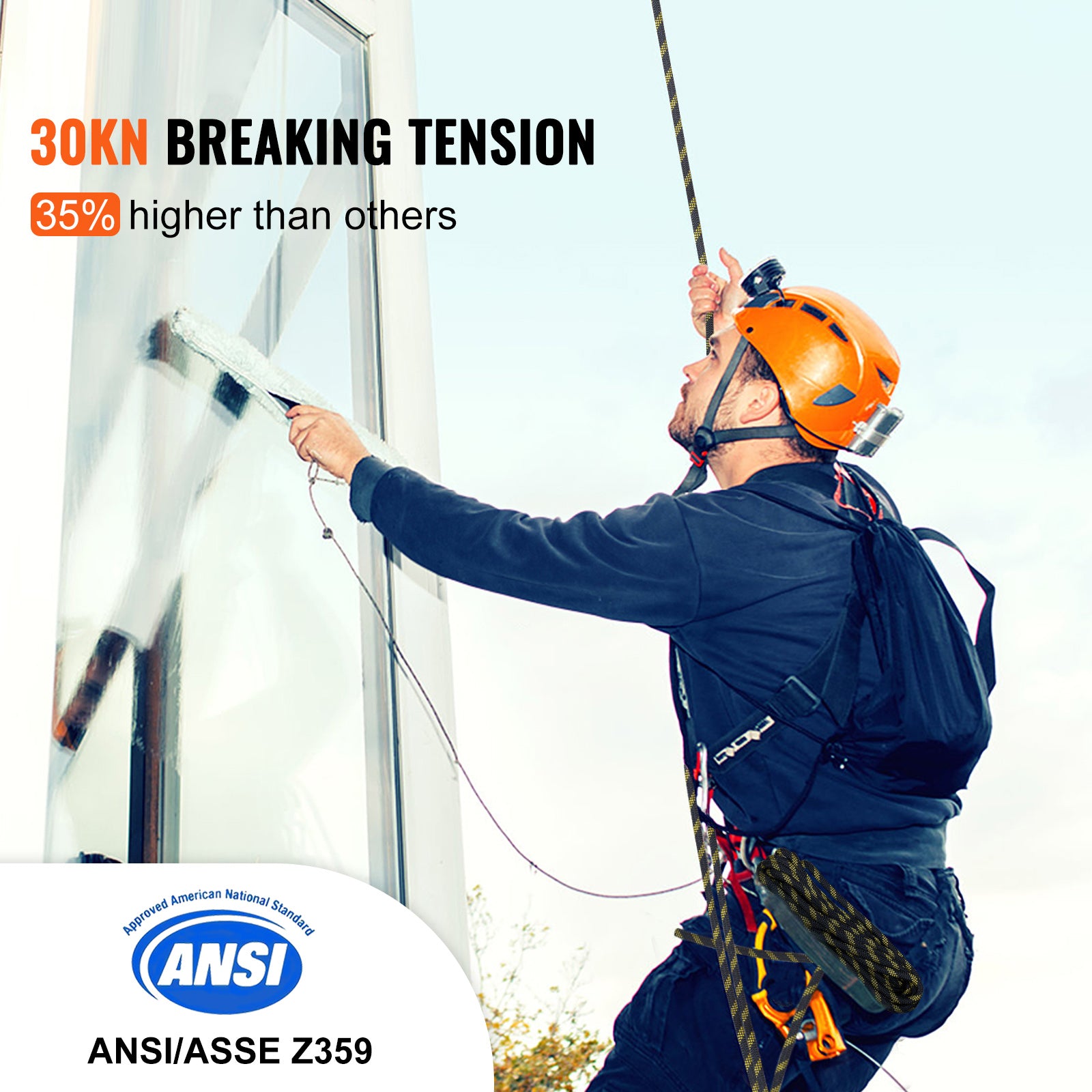 VEVOR Vertical Lifeline Assembly, 0.55 X 50 Fall Protection Rope With 30 KN Breaking Tension, Polyester Roofing Rope With Steel Snap Hooks, Rope Grab, And Shock Absorber, ANSI Compliant