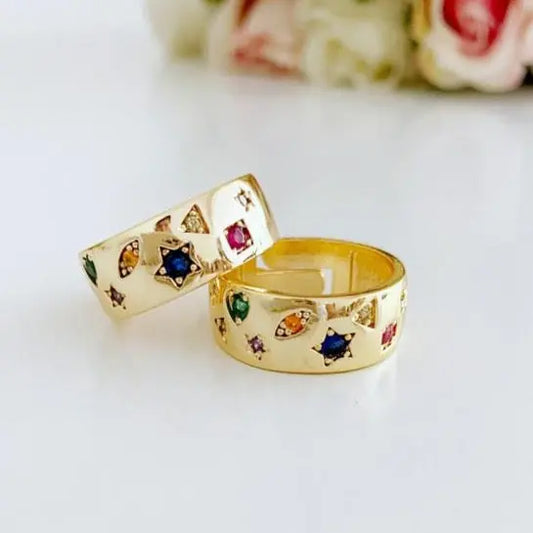 Gold Wide Band Ring, Adjustable Ring, Stacking Zircon Ring Emerald Pine