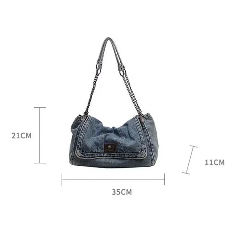 Solid Color Denim Canvas Shoulder Bag Multi Functional Fashionable Shoulder Bag Minimalist Casual Bag American Retro Handbag