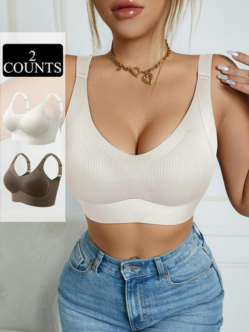 Women'S Solid Color Seamless Wireless Bra, High Stretch Breathable Comfortable Adjustable Strap Triple-Breasted Bra, Softness Lingerie Top for Daily Wear, Elegant, Underwear for Women