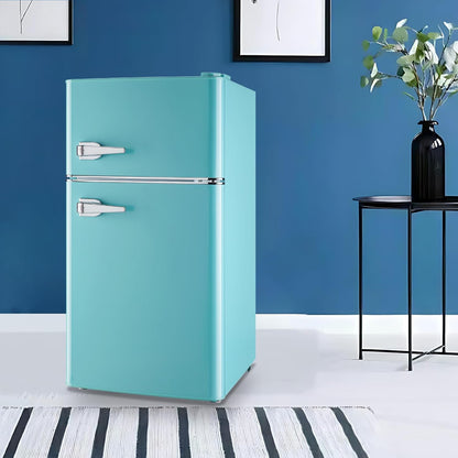 Small Refrigerator with Freezer Double Door Mini Fridge Adjustable Glass Shelves, Detachable Handle,7 Level Temperature Control Fridge for Dorm, Office, Apartment Blue