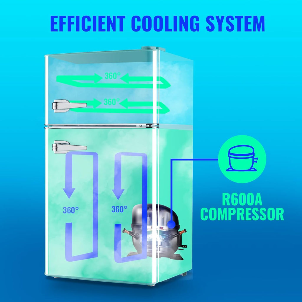Minirefrigerador con congelador, doble puerta, estantes de vidrio ajustables, tirador desmontable, control de temperatura de 7 niveles, ideal para dormitorio, oficina, apartamento, azul