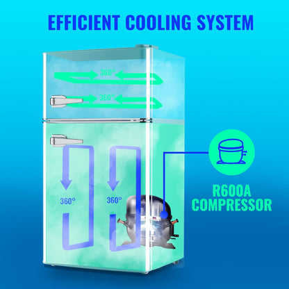 Small Refrigerator with Freezer Double Door Mini Fridge Adjustable Glass Shelves, Detachable Handle,7 Level Temperature Control Fridge for Dorm, Office, Apartment Blue