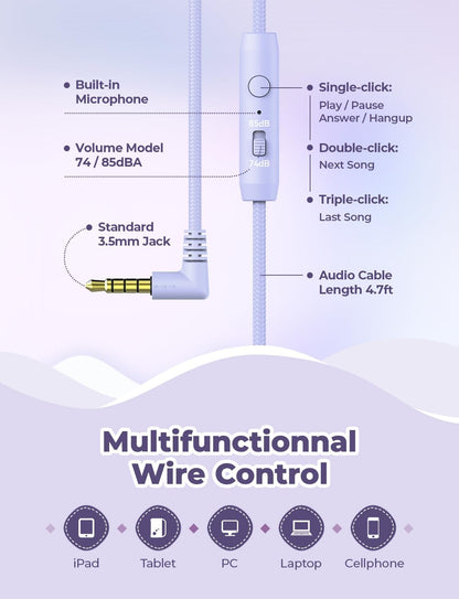 iClever HS19 Kids Headphones for School with Microphone, Safe Volume Limiter 74/85dBA, Over-Ear Girls Boys Headphones for Kids with FunShare Foldable Wired for iPad/Travel (Purple)