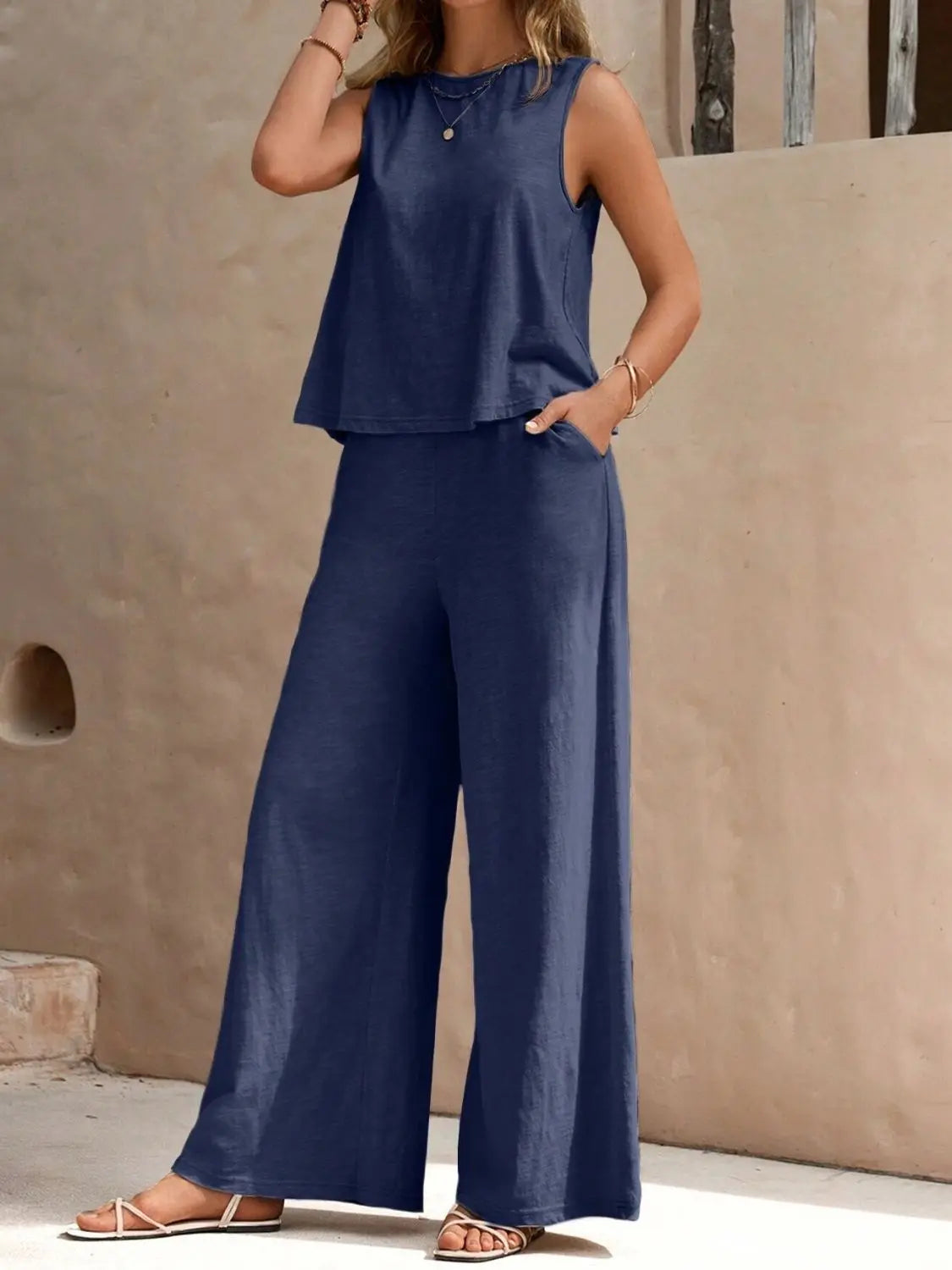 Round Neck Sleeveless Top and Wide Leg Pants Set Shop1102652536 Store