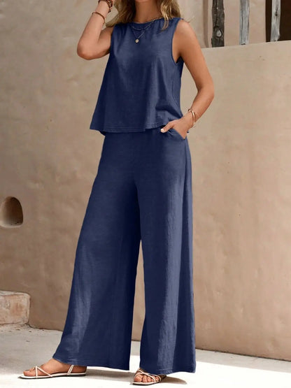 Round Neck Sleeveless Top and Wide Leg Pants Set Shop1102652536 Store