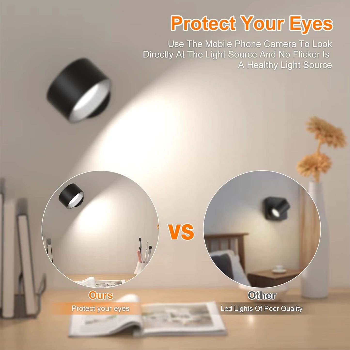 LED Wall Light Indoor Pack of 2, Wall Lamp Wall Lights 2000Mah Battery, 4 Brightness Levels,, Bedside Lamp