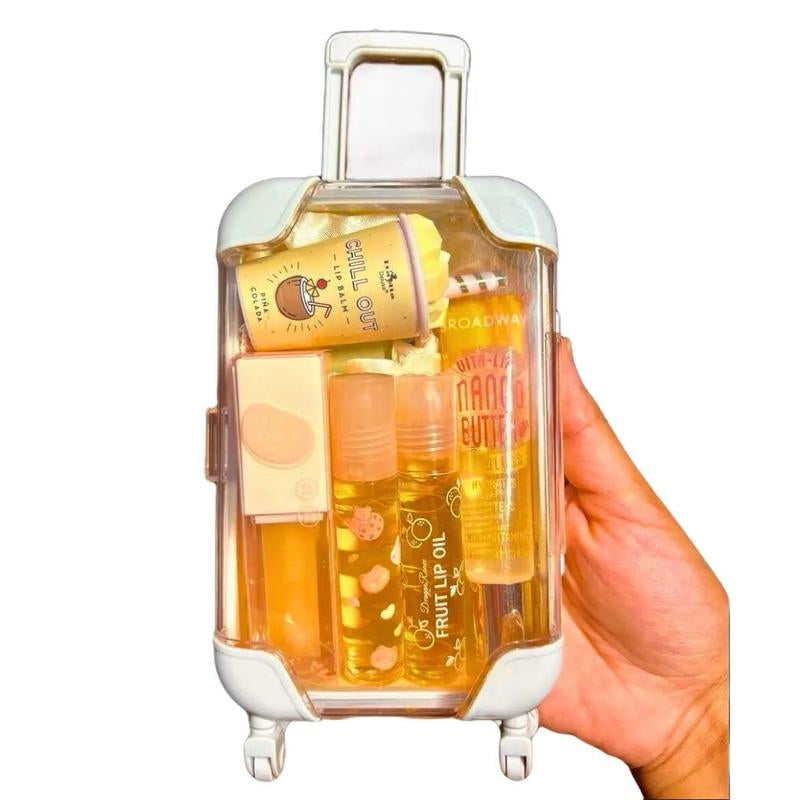 Mini Suitcase Lipgloss Bundle - Comes with 5 Random Lipglosses & a Scrunchie, Lip Care Kit with Lip Balm, Lip Gloss, and Lipstick - Cosmetic, Makeup Lip Oil - Gift, Glossy Everyday Pink
