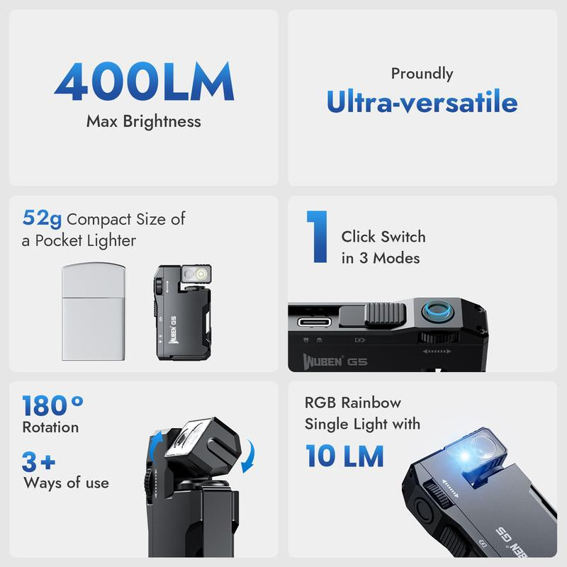 【Debut Product】Wuben G5 Pocket-Sized LED Light - 400LM Brightness, USB-C, Magnetic Clip, Great for Gear Bag, Repairs, Backpacking