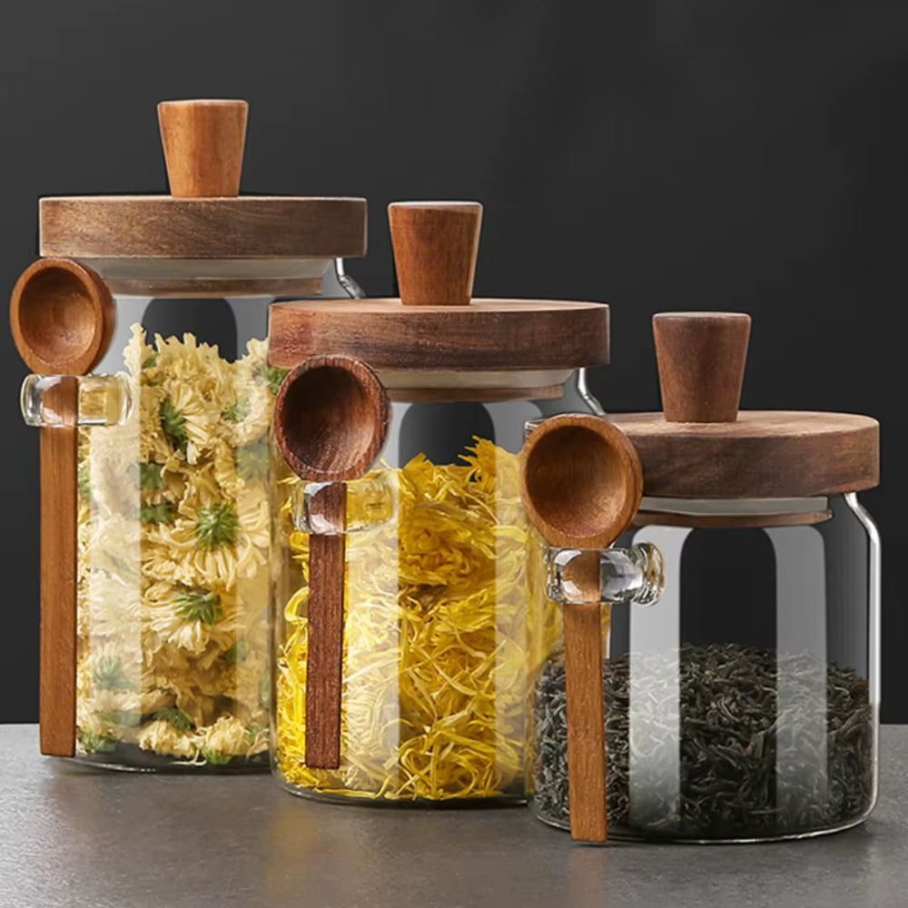 Glass Sealed Jar Five Grains Coffee and Tea Storage Can with Wooden Spoon Seasoning Bottle Kitchen Moisture-Proof Storage Tank