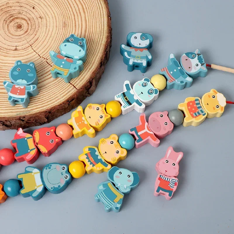 Kids Montessori Wooden Lacing Toy DIY Wooden Beads for Children Cartoon Animals Fruit Letter Digital Beads Threading Toys Gifts
