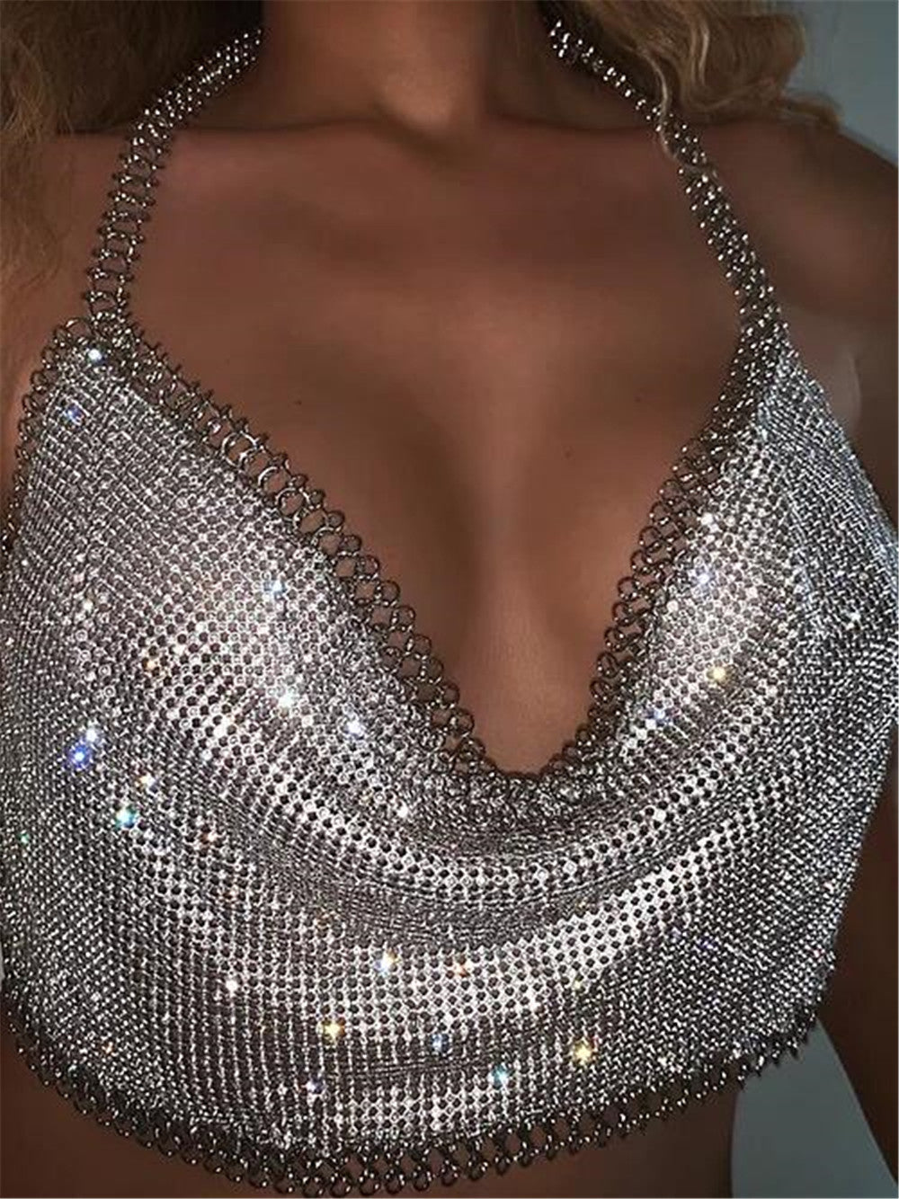 Chaleco con tirantes finos de tubo, sin espalda, con cadena de metal y diamantes, para discoteca, para mujer, que deja al descubierto el abdomen