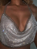 Chaleco con tirantes finos de tubo, sin espalda, con cadena de metal y diamantes, para discoteca, para mujer, que deja al descubierto el abdomen