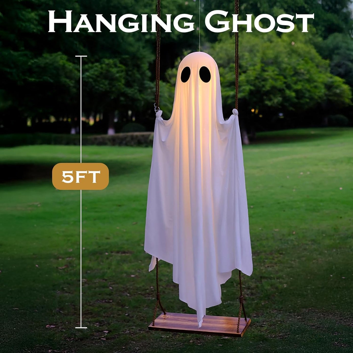 Halloween Decorations Outdoor - 5FT Large Hanging Ghost Swing with Remote Control String Lights &amp; Upgraded Sheet, Scary Ghost Halloween Party Decor Outside for Tree Porch Yard Garden Lawn
