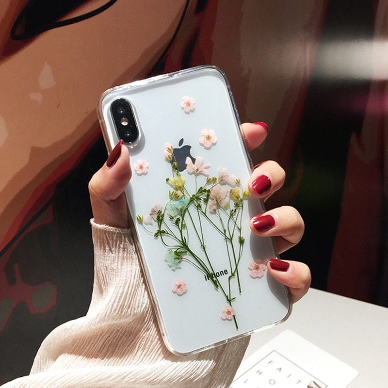 Compatible With Compatible With  , Qianliyao Dried Real Flower Cases For I  XR Case Handmade Clear Soft Back Cover For CJDropshipping