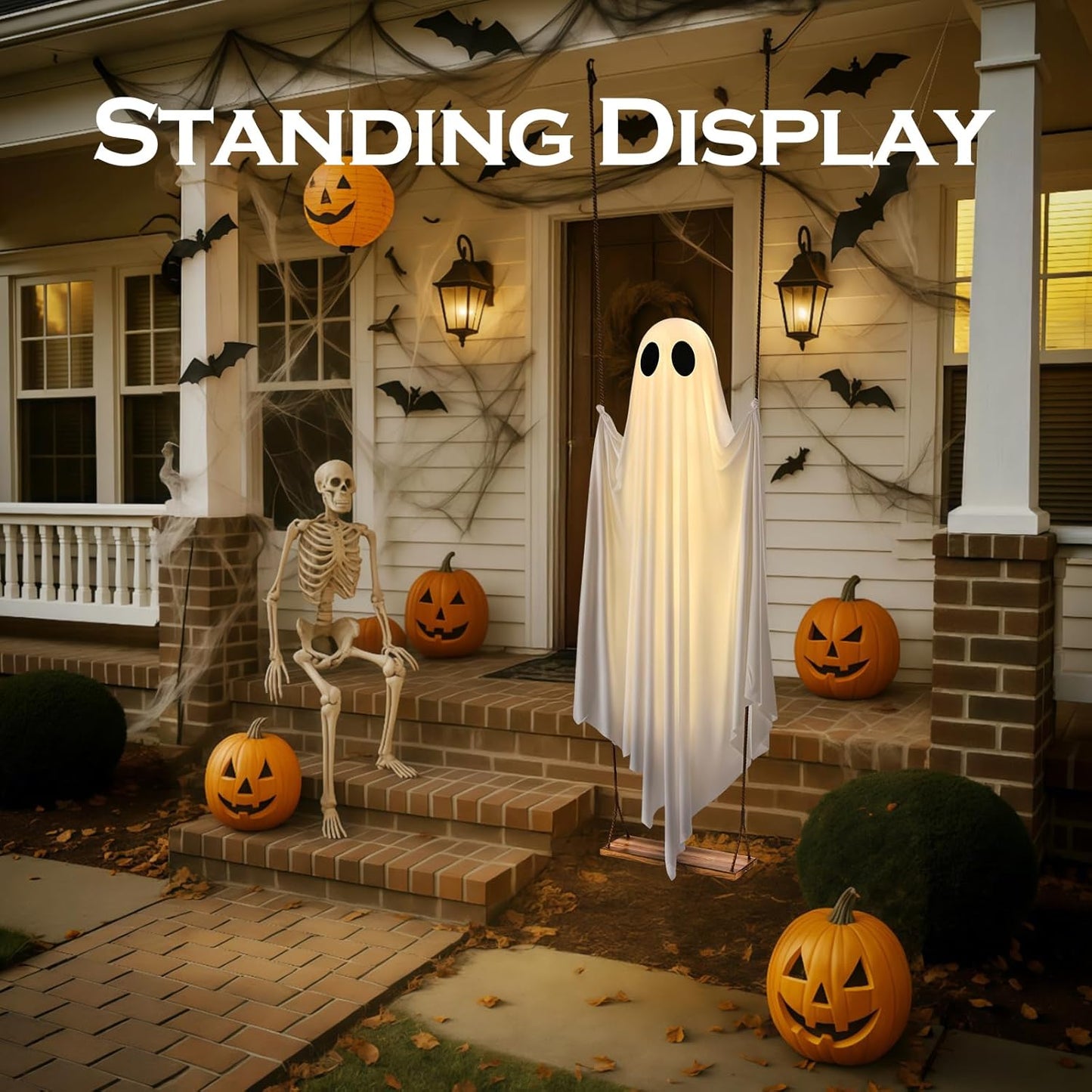 Halloween Decorations Outdoor - 5FT Large Hanging Ghost Swing with Remote Control String Lights &amp; Upgraded Sheet, Scary Ghost Halloween Party Decor Outside for Tree Porch Yard Garden Lawn