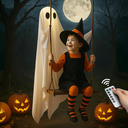 Halloween Decorations Outdoor - 5FT Large Hanging Ghost Swing with Remote Control String Lights &amp; Upgraded Sheet, Scary Ghost Halloween Party Decor Outside for Tree Porch Yard Garden Lawn