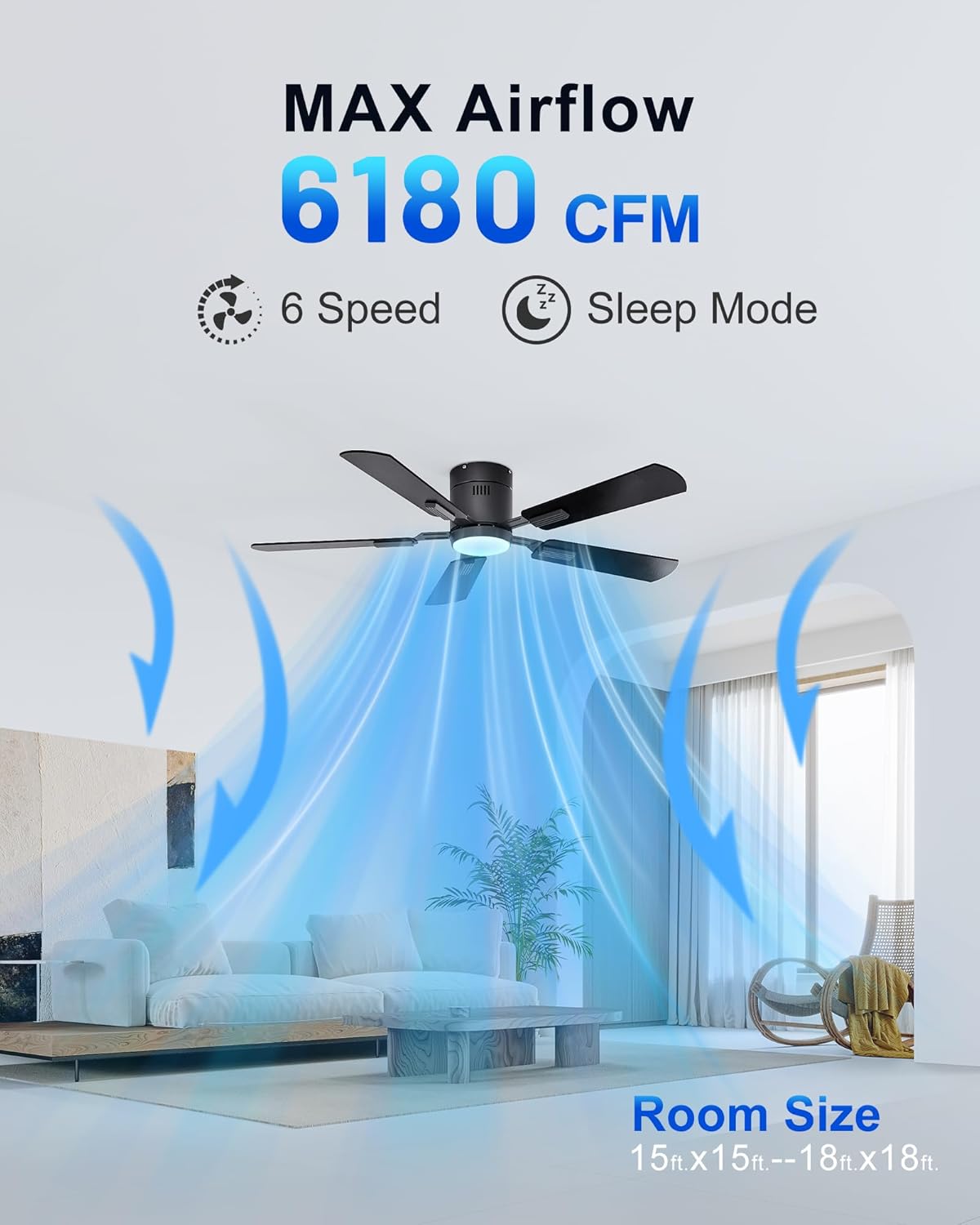 CubiCubi Ceiling Fan, 52&#34; Low Profile Ceiling Fans with Lights and Remote/APP Control, Flush Mount, 5CCT, Stepless Dimmable, Super Quiet, 6 Speeds, Modern Ceiling Fans for Bedroom Living Room, Black