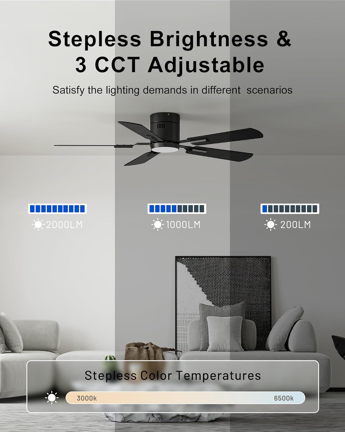 CubiCubi Ceiling Fan, 52&#34; Low Profile Ceiling Fans with Lights and Remote/APP Control, Flush Mount, 5CCT, Stepless Dimmable, Super Quiet, 6 Speeds, Modern Ceiling Fans for Bedroom Living Room, Black