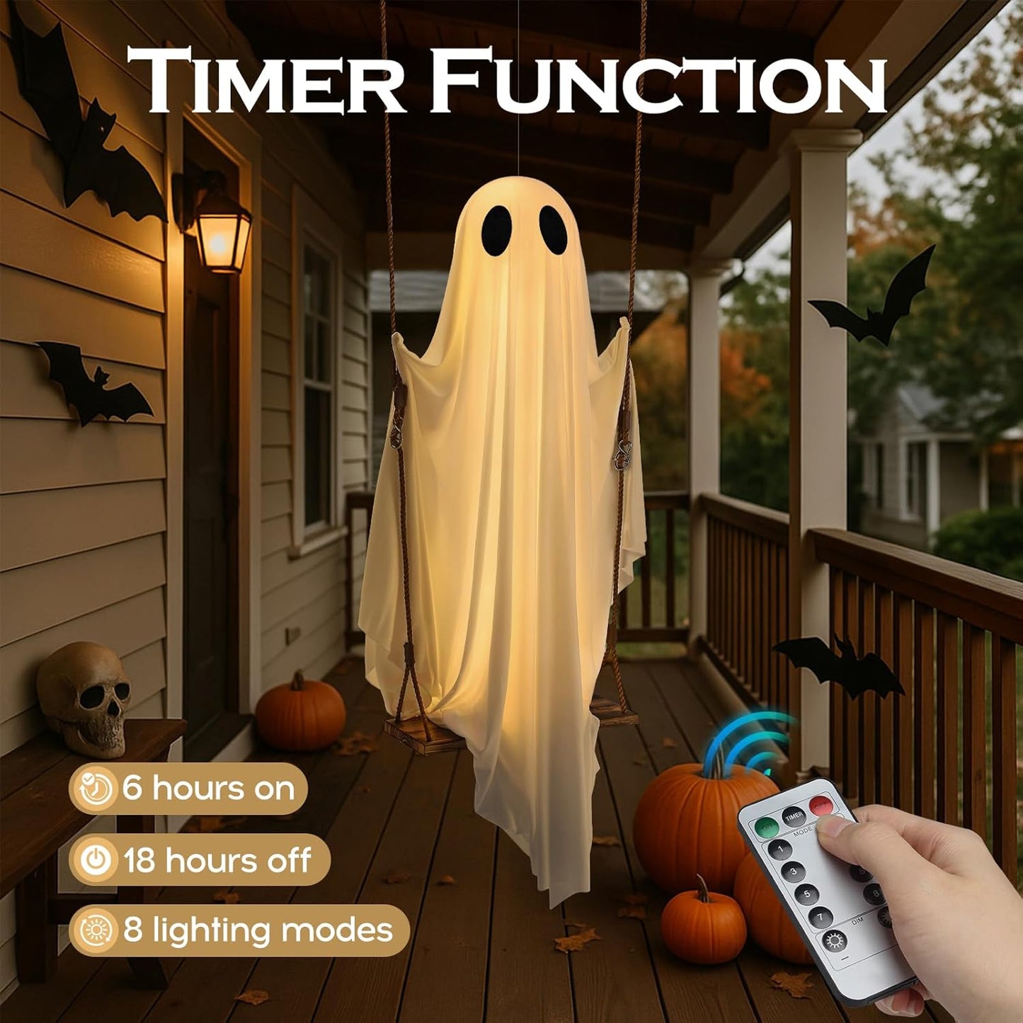 Halloween Decorations Outdoor - 5FT Large Hanging Ghost Swing with Remote Control String Lights &amp; Upgraded Sheet, Scary Ghost Halloween Party Decor Outside for Tree Porch Yard Garden Lawn