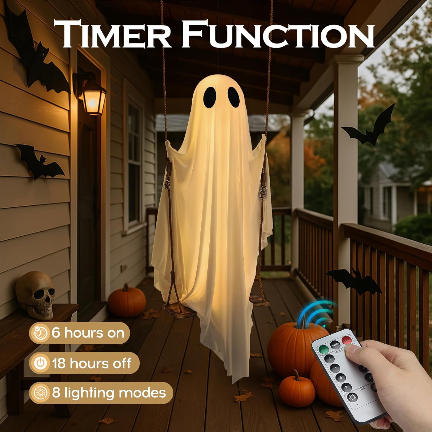 Halloween Decorations Outdoor - 5FT Large Hanging Ghost Swing with Remote Control String Lights &amp; Upgraded Sheet, Scary Ghost Halloween Party Decor Outside for Tree Porch Yard Garden Lawn