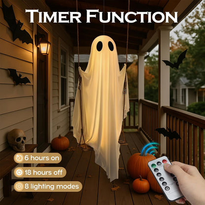 Halloween Decorations Outdoor - 5FT Large Hanging Ghost Swing with Remote Control String Lights &amp; Upgraded Sheet, Scary Ghost Halloween Party Decor Outside for Tree Porch Yard Garden Lawn