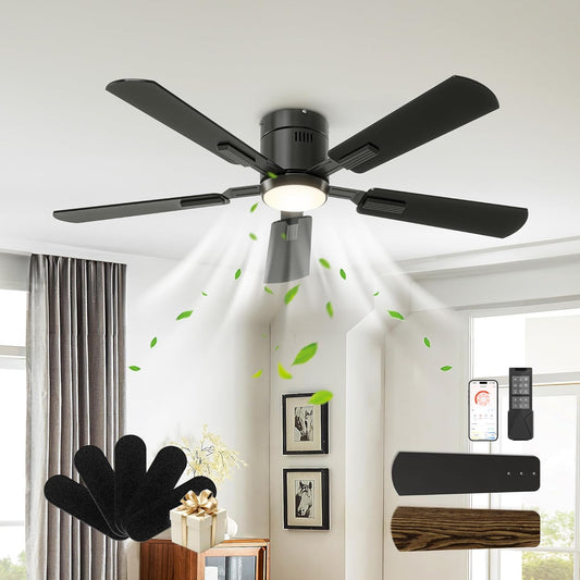 CubiCubi Ceiling Fan, 52&#34; Low Profile Ceiling Fans with Lights and Remote/APP Control, Flush Mount, 5CCT, Stepless Dimmable, Super Quiet, 6 Speeds, Modern Ceiling Fans for Bedroom Living Room, Black