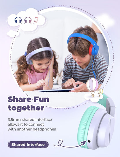 iClever HS19 Kids Headphones for School with Microphone, Safe Volume Limiter 74/85dBA, Over-Ear Girls Boys Headphones for Kids with FunShare Foldable Wired for iPad/Travel (Purple)