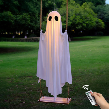 Halloween Decorations Outdoor - 5FT Large Hanging Ghost Swing with Remote Control String Lights &amp; Upgraded Sheet, Scary Ghost Halloween Party Decor Outside for Tree Porch Yard Garden Lawn