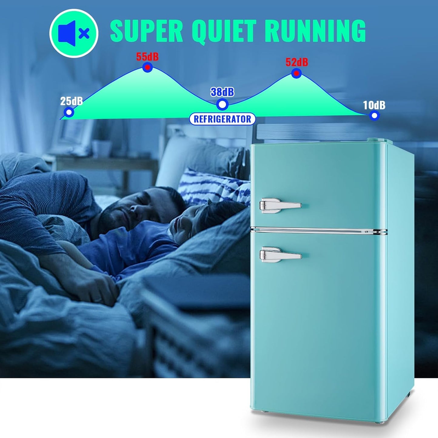 Small Refrigerator with Freezer Double Door Mini Fridge Adjustable Glass Shelves, Detachable Handle,7 Level Temperature Control Fridge for Dorm, Office, Apartment Blue